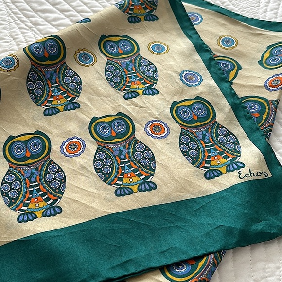 Echo Accessories - Vintage Echo Silk Scarf Owls Owl Design Pale Gold Emerald Green Colorful Whimsy